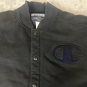 VTG‎ Champion Varsity Letter Jacket L Black Bomber Snap Big Logo C Quilted Coat